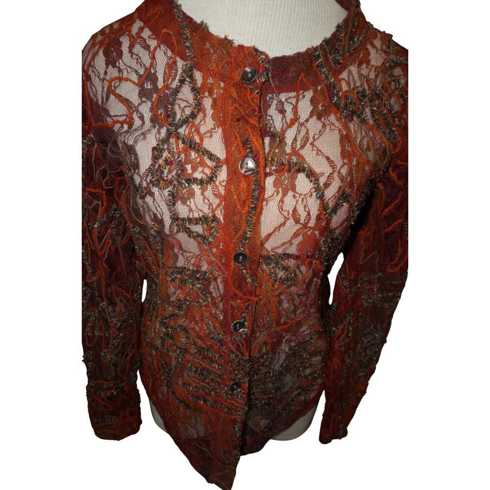 Vintage Sheer Burnt Orange Embroidered Lace Mesh Button-Up Top Boho Whimsy Goth - Picture 2 of 14